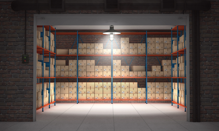 Self Storage Unit Full Of Cardboard Boxes. 3d Rendering