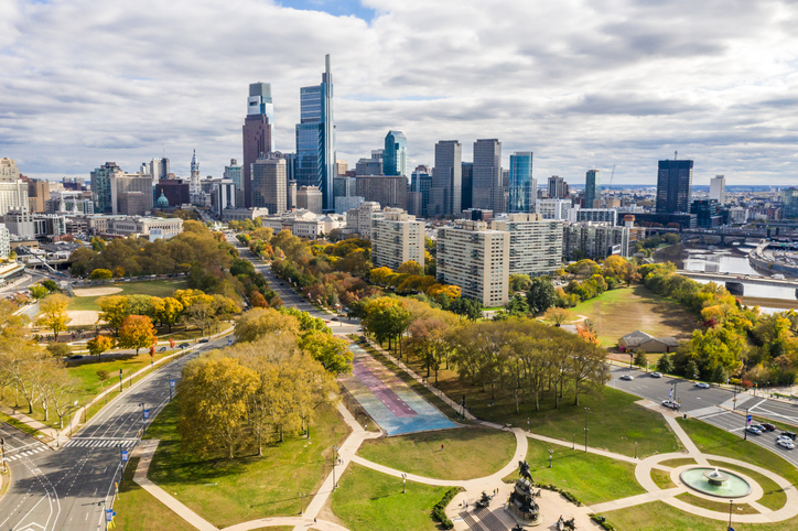 Drone view on the Philadelphia Skyline