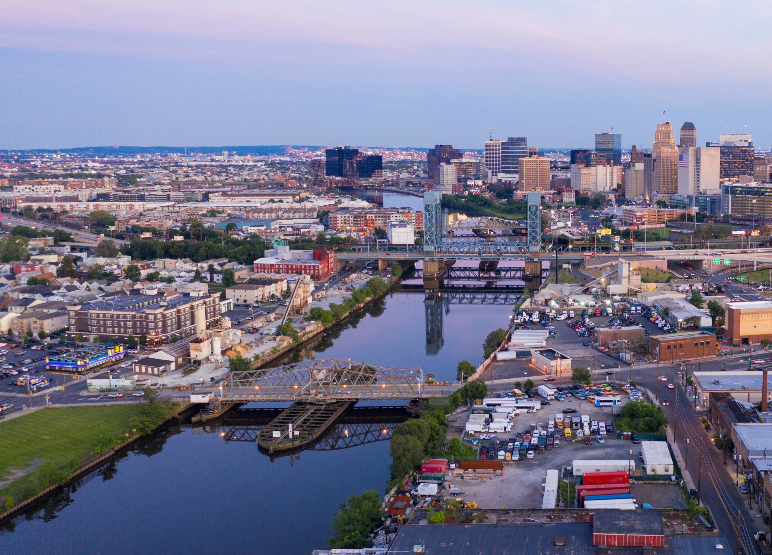 Dusk Falls On The Urban Downtown Metro Area Of Newark New Jersey