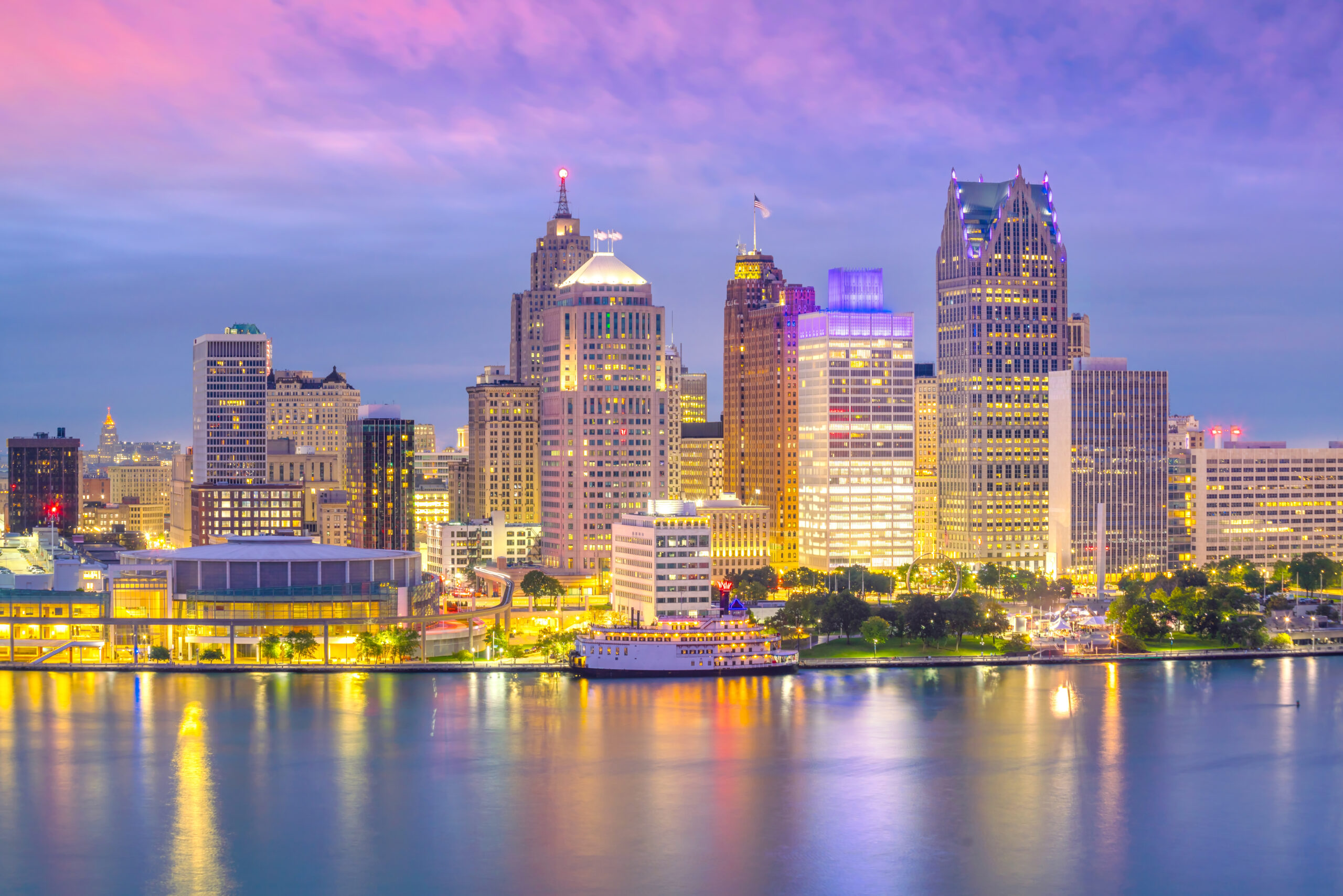 Detroit Skyline In Michigan, Usa At Sunset