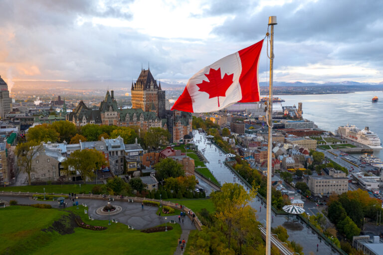 Canadian Flag Flying Over Old Quebec City