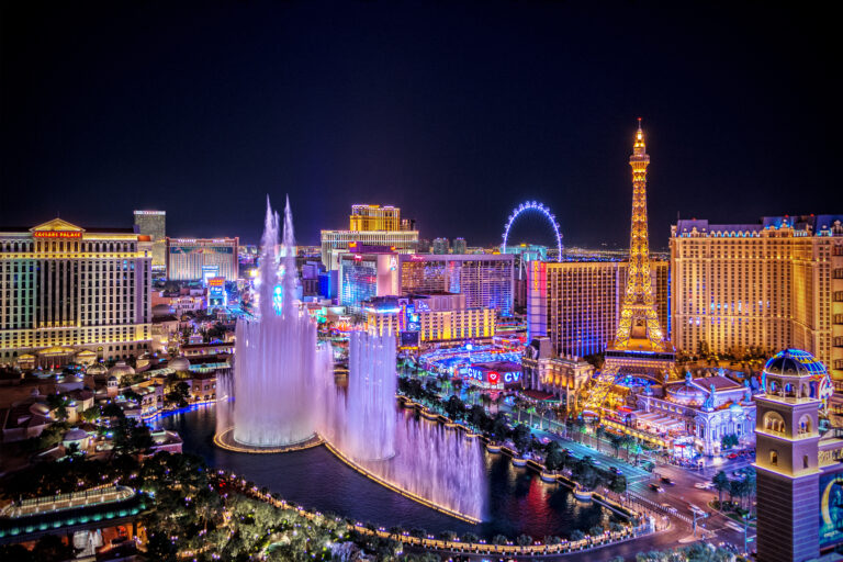 Panoramic View Of Las Vegas Strip At Night In Nevada
